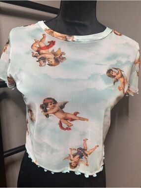 G Mini Light Blue Mesh Cherub Print Tee